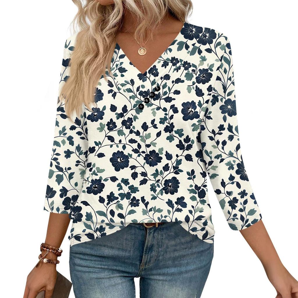 Women's Print Top Button-down V-neck T-shirt 3/4 Sleeve Loose Fashion Top