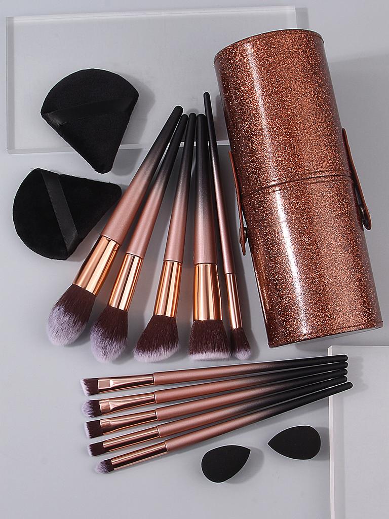 10 pieces makeup brush set, gradient handle+flash brown storage bucket, comes with 2 mini beauty eggs+2 triangular powder puffs