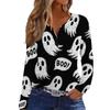 Women's Halloween Print V-Neck Long Sleeve T-Shirt with Button for Casual Holiday Wear