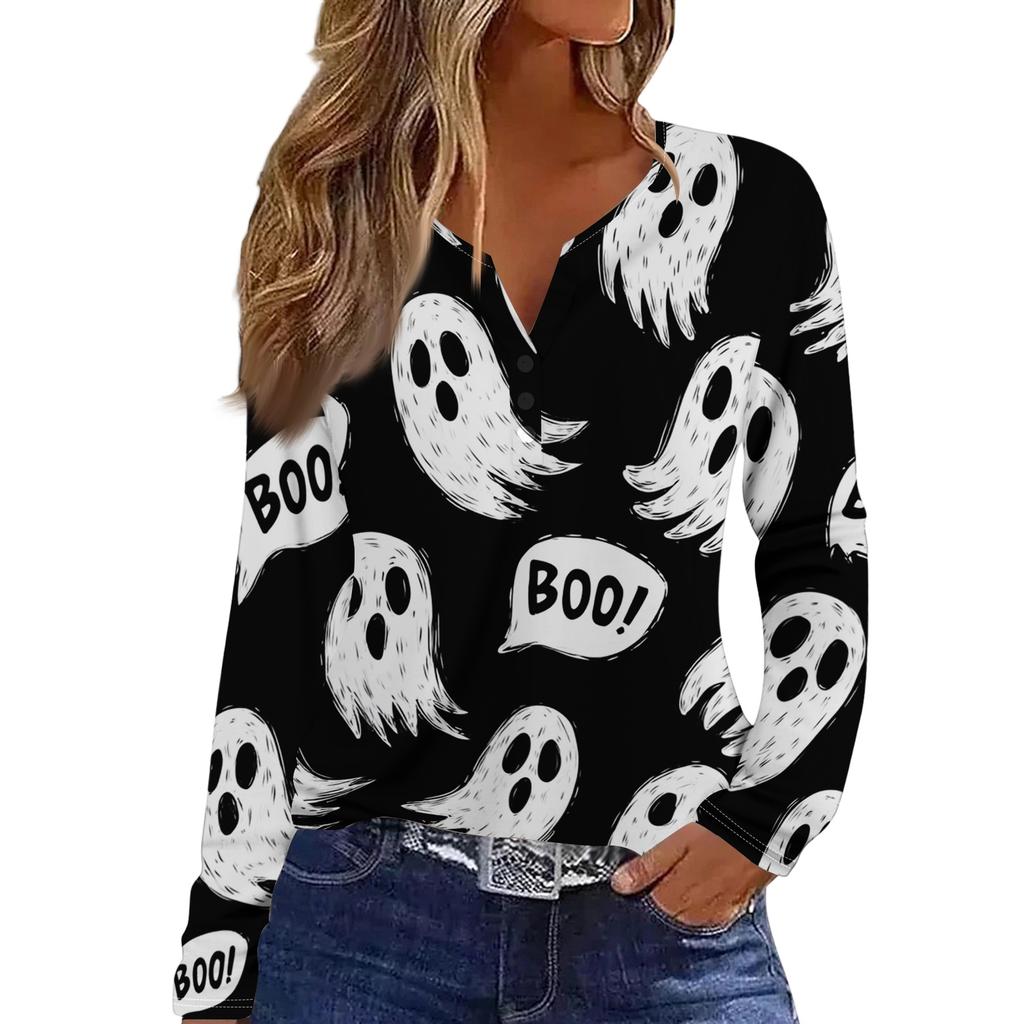 Women's Halloween Print V-Neck Long Sleeve T-Shirt with Button for Casual Holiday Wear