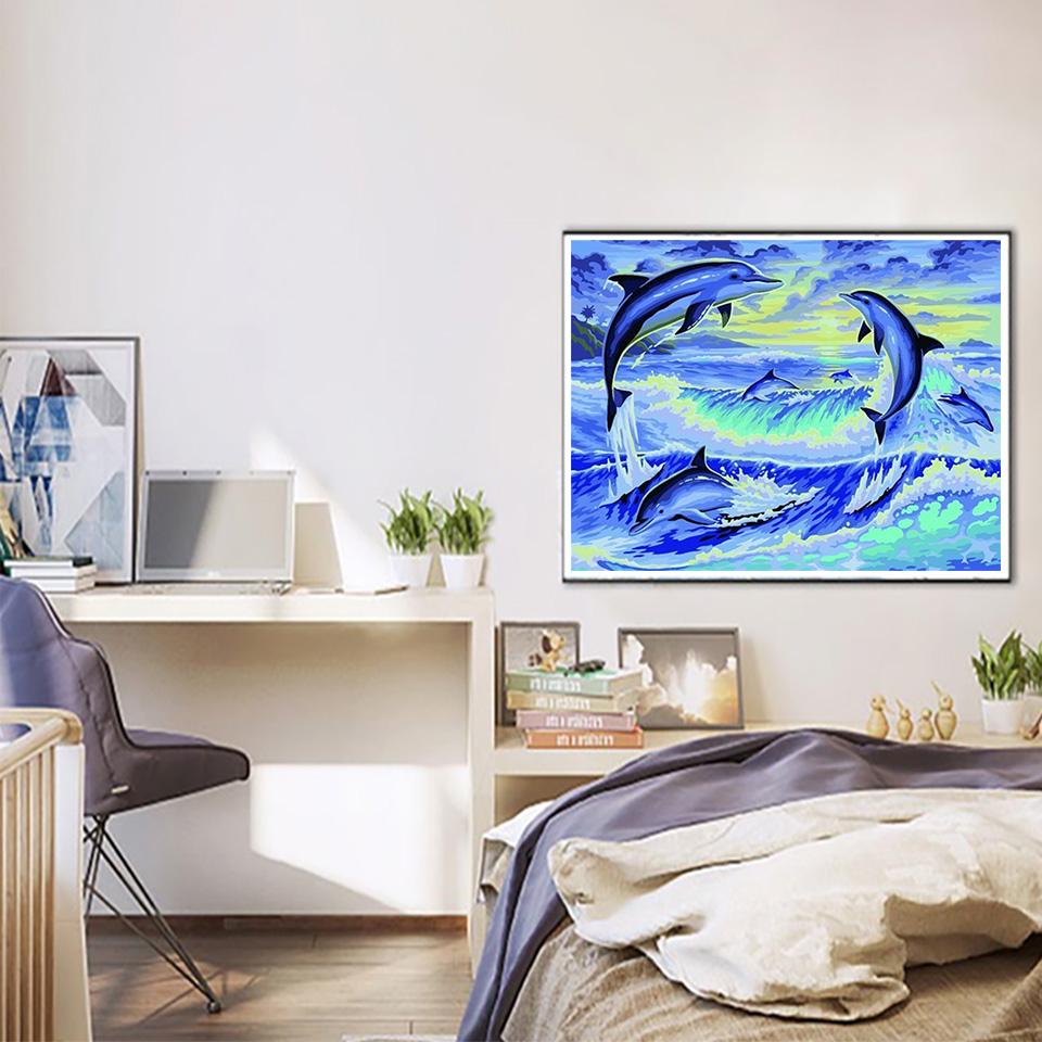 5D DIY Diamond Painting Full Round Animal Dolphin Diamond Embroidery Painting Cross Stitch Kit Home Decoration Rhinestone Gift