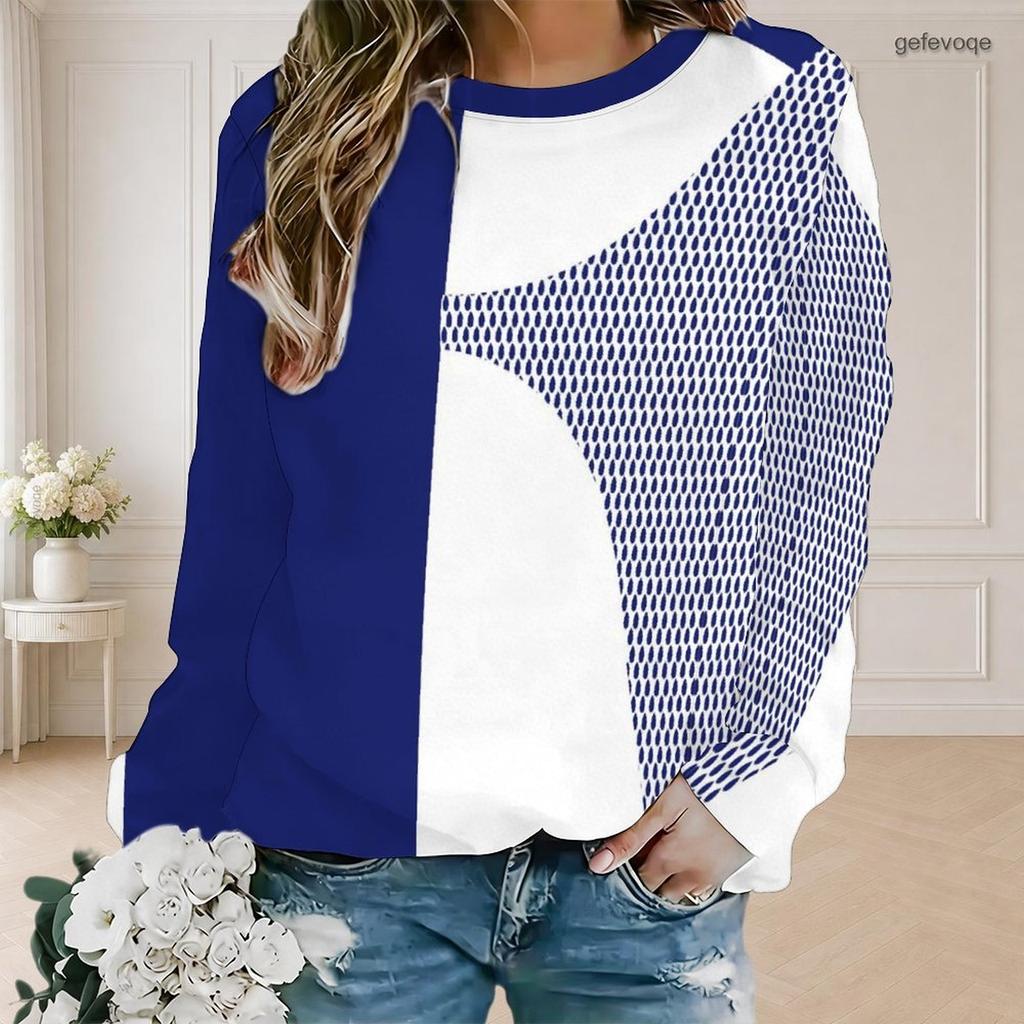 Women Plus Size Polka Dot Printed Round Neck Long Sleeve Ribbed Cuffs White Pullover Sweatshirt
