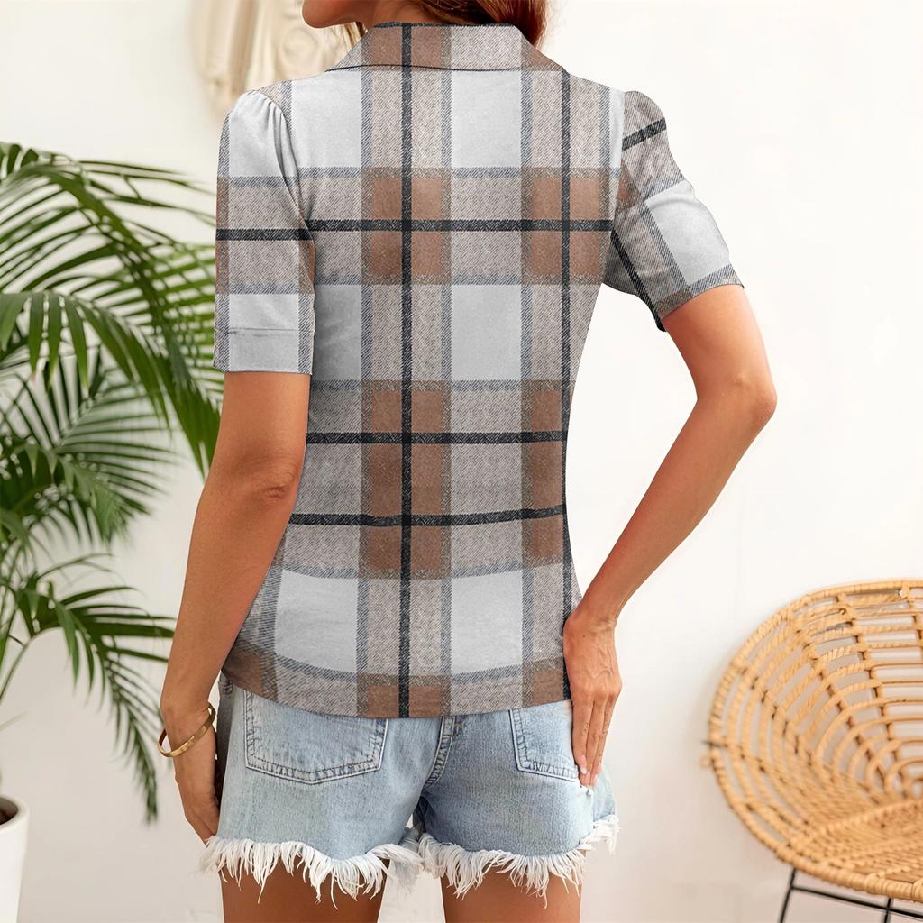 Women’s Short Sleeve Polo Shirt with Classic Checkered Pattern Casual Collar Design for Daily Wear Office School
