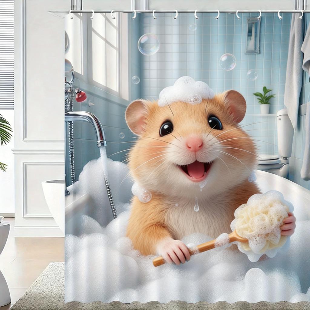 Cute 3D Cartoon Penguin Bathing with Bubbles Waterproof Shower Curtain - Fun Bathroom Decor