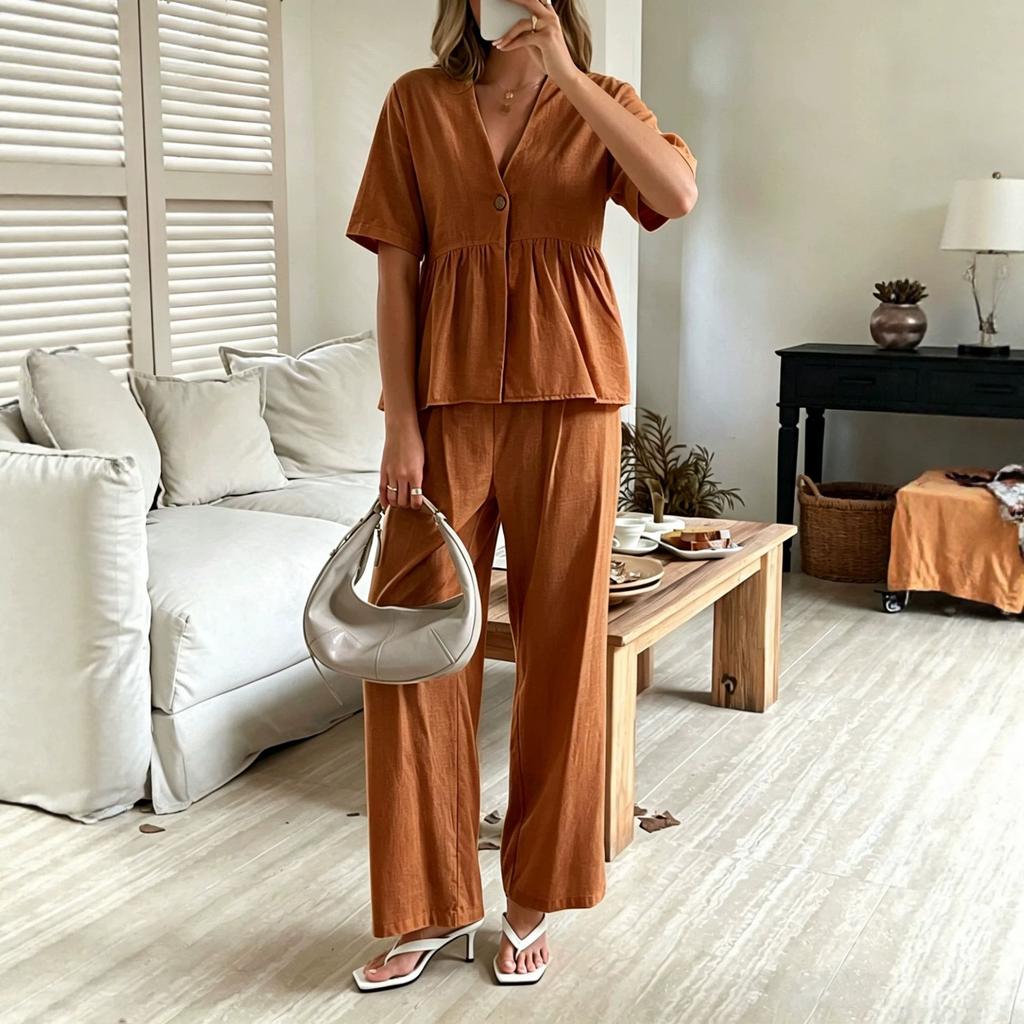 Europe, America, Cross-border Amazon Foreign Trade Fashionable and Elegant V-neck Loose Short-sleeved Top and Wide-leg Pants Two-piece Set
