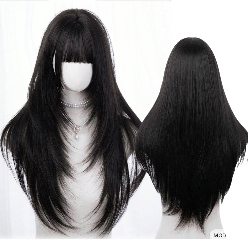 Ashely Black Brown Synthetic Heat-Resistant Straight Hair Wigs with Bangs Suitable for Daily Use Natural and Realistic False Wig
