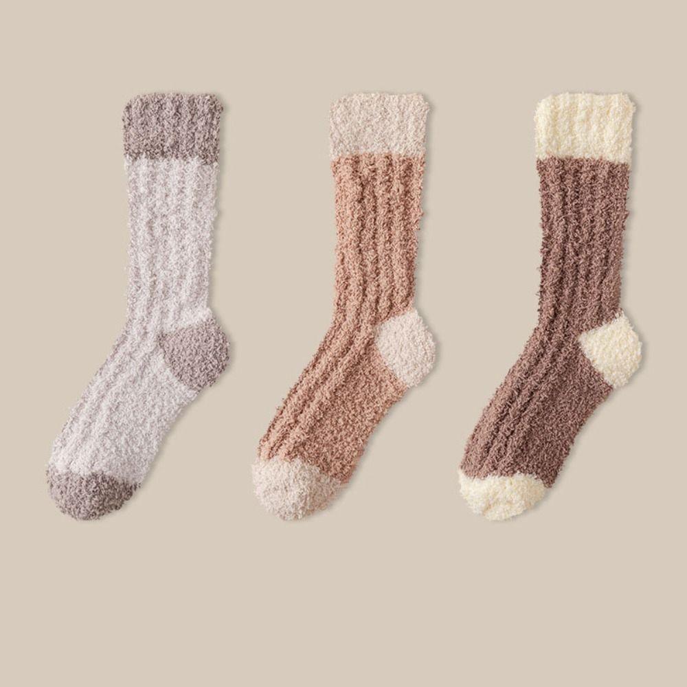 3Pairs Sleeping Coral Fleece Socks Winter Mid Tube Socks Women Solid Color Floor Plush Socks  Autumn