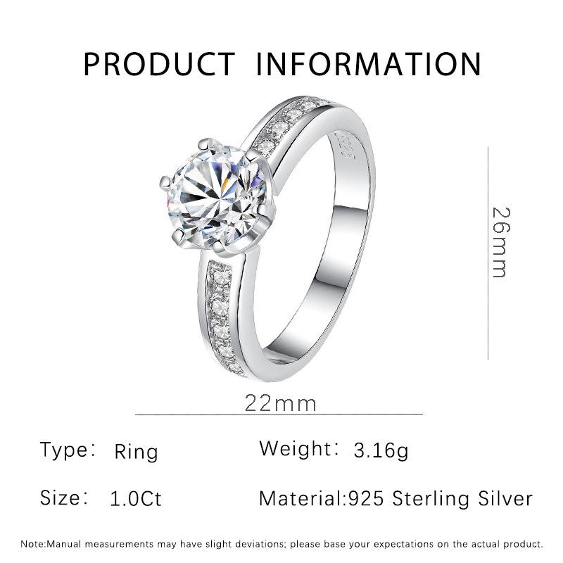 1 Carat D Color Moissanite Ring, Six-Prong Crown Design, 925 Sterling Silver, Light Luxury Jewelry Size 6