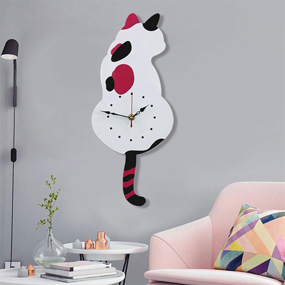 Wall Clock Creative DIY Cat Acrylic Wall Clock with Swing Tail Pendulum for Living Room Bedroom Kitchen Home Décor