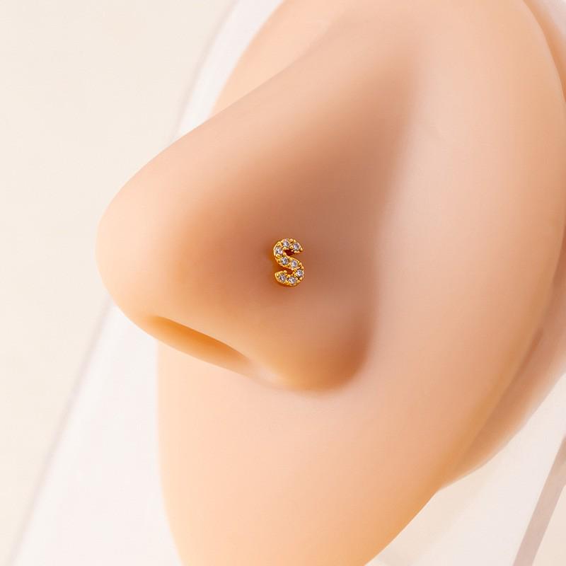 Personalized Zirconia Letter Nose Stud for Men and Women - Trendy Micro-Inlaid Straight Needle Piercing Ornament.