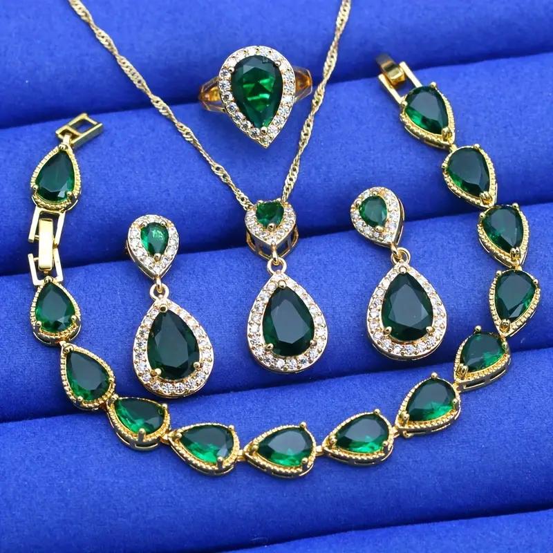 Vintage Jewelry Set For Women Green Water Drop Zirconia Gold Plated Includes Bracelet, Earrings, Pendant Adjustable Ring