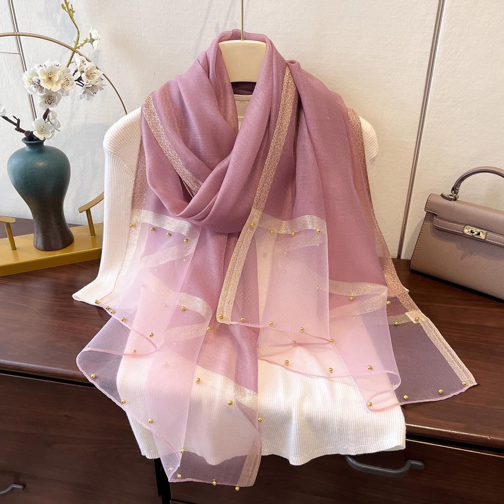 New Spring and Summer Thin Gold-edged Beaded Scarf Scarf for Women Solid Color Versatile Shawl Korean Version of Imitation Silk Long Silk Scarf