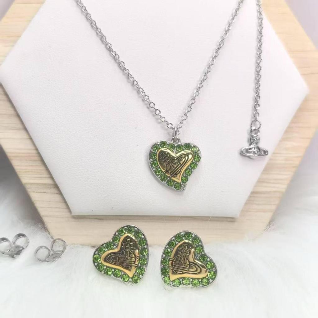 New Style Empress Dowager Heart Necklace & Earrings Set - Elegant, Versatile, High-End Clavicle Chain for Women