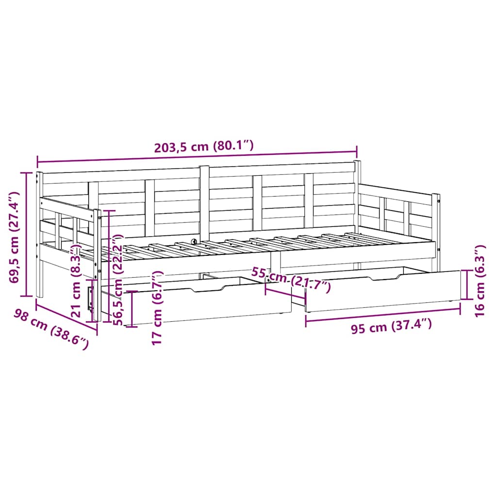 Daybed with Drawers White 90x200 Cm Pine Wood