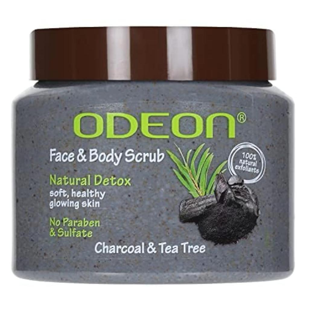 ODEON Charcoal & Tea Tree Oil Body Scrub (300ml) | Face Scrub for Oily Skin | Body Scrub to Fight Body Odour & Bacteria | Gentle Exfoliating Scrub