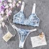 Blue Embroidered Low Cut Underwire Bra & Lingerie Set
