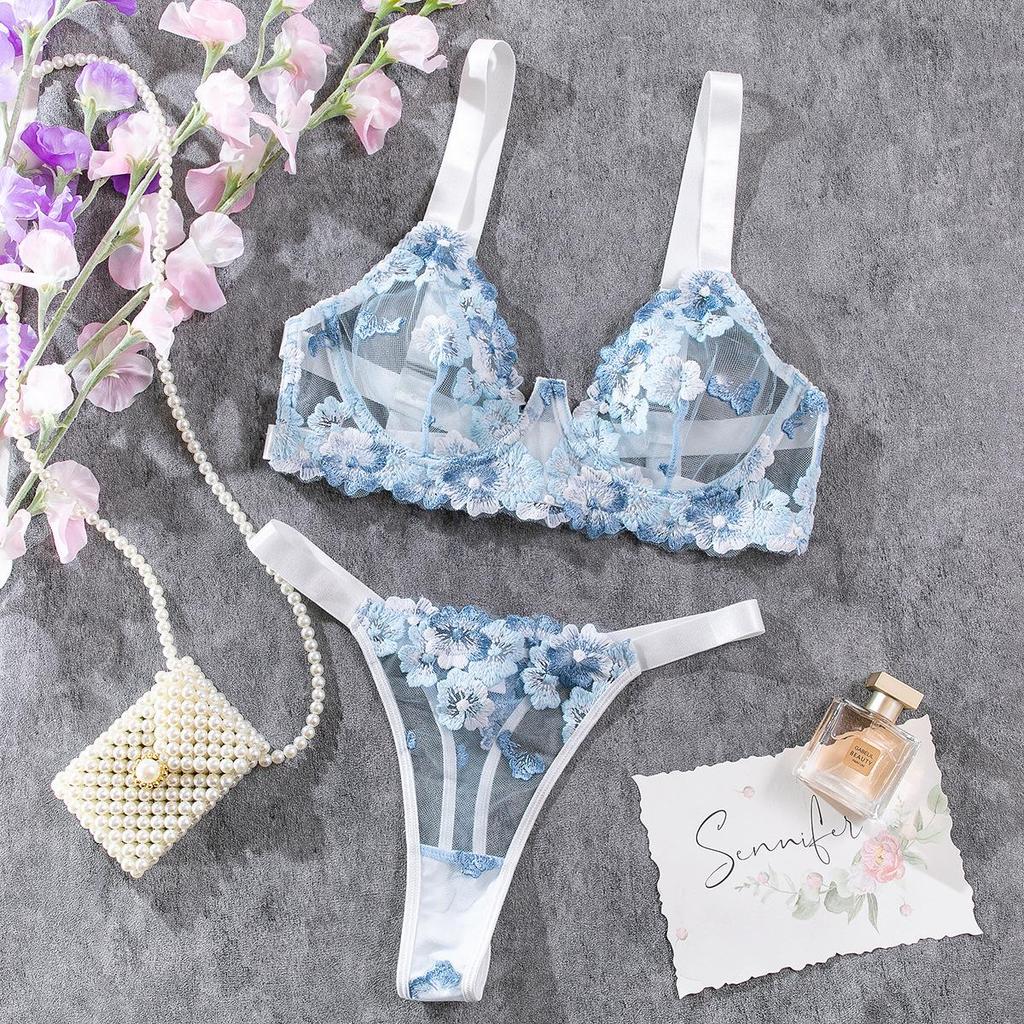 Blue Embroidered Low Cut Underwire Bra & Lingerie Set