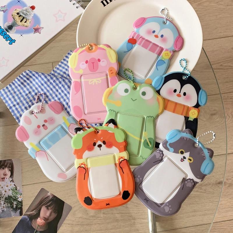 Cartoon Animal Photocard Frame for Girls Kawaii Penguin Fox Photocard Holder Kpop Idol Card Sleeves with Chain Mini Photo Album