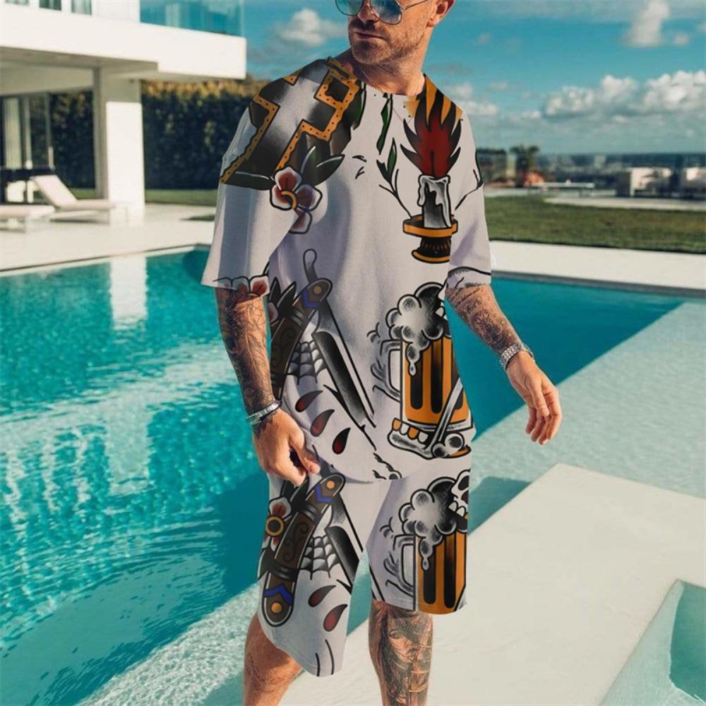 Vintage Wave Print T-shirt Set Summer Men's Beach Breathable Short Sleeve 2 Piece Set Men's Fashion Tops Set Men's Clothing