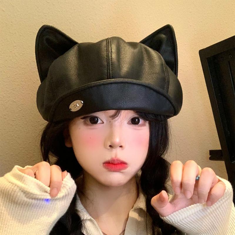 1pc PU Leather Cute Cat Ear Berets For Women Solid Color Casual Newsboy Cap Personalized Peaked Cap