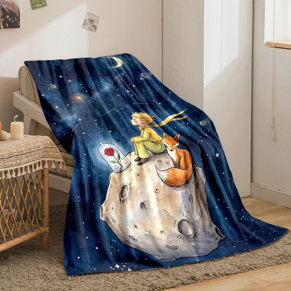 A boy and a fox sit on an asteroid, gazing at the starry night sky. for all seasons blanket lunch break throw gift