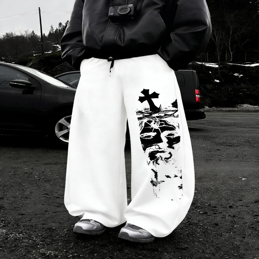 

Men s Wide Leg Sports Pants, White Print Drawstring Waist Loose Fit Urban Street Style, Y2K Fashion, Outstanding Design XXL