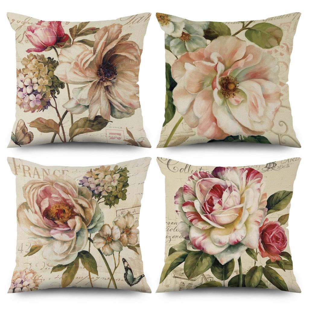 4Pcs Lavender Flower Basket Vase Pot Printed Pillow Cover Polyester Cushion Case 2D Flat Printing Pillowcase Farmhouse Zen Look