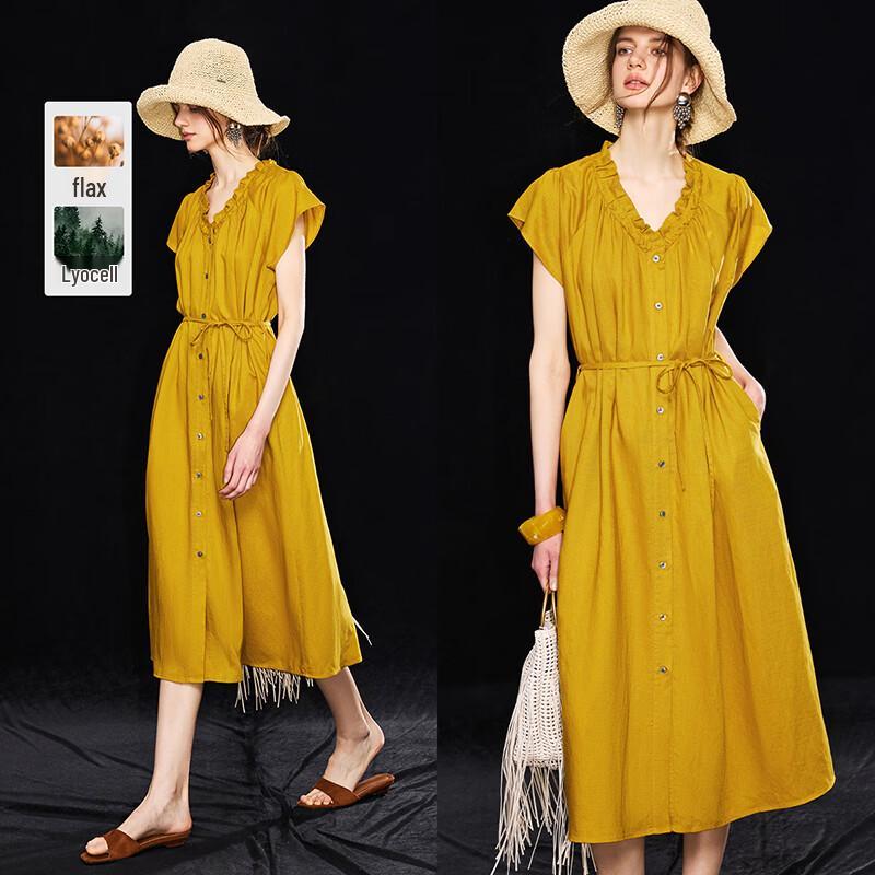French Style Lace V-Neck Tencel Linen Midi Dress L