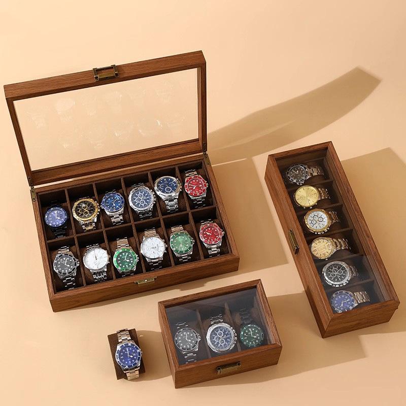 Walnut Wood Grain Watch and Jewelry Display Box with Glass Top