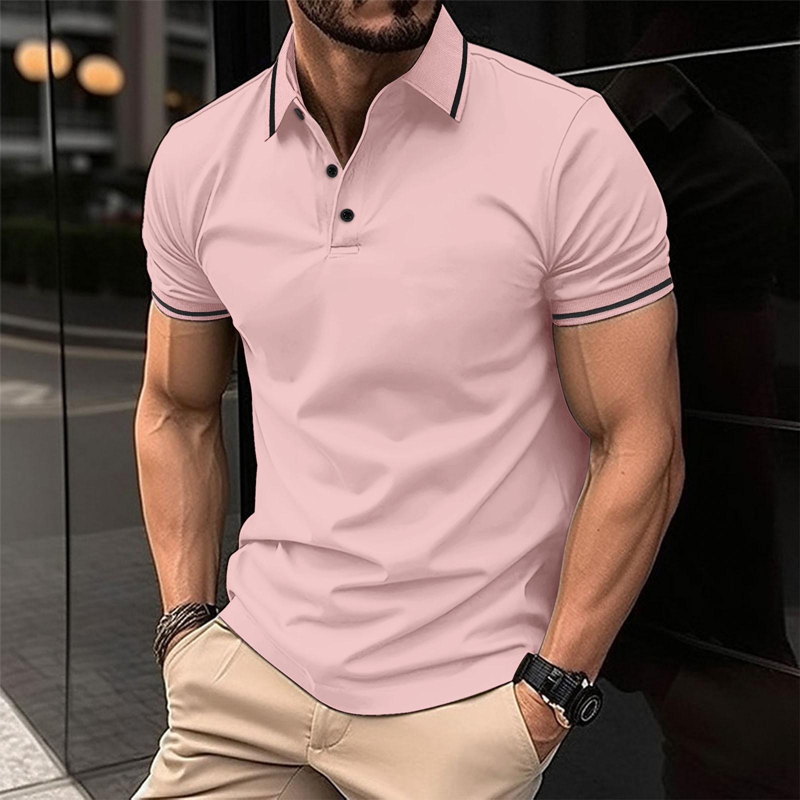 

Men s Korean-Style Casual Solid Color Patchwork T-Shirt Button Lapel Short-Sleeve Athletic Top S рожевий
