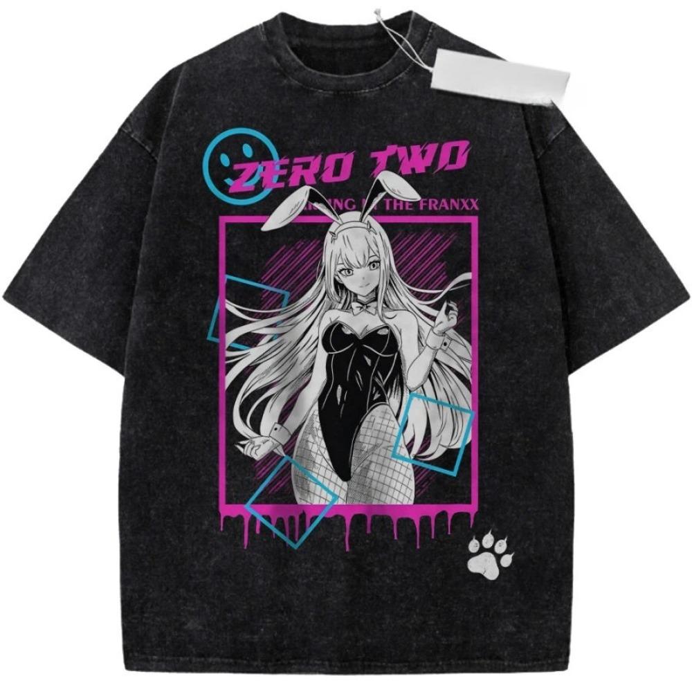 DARLING in the FRANXX Zero Two 002 Koszulka z grafiką Anime Vintage Spłowiała Czarna Bawełna Streetwearowa Koszulka