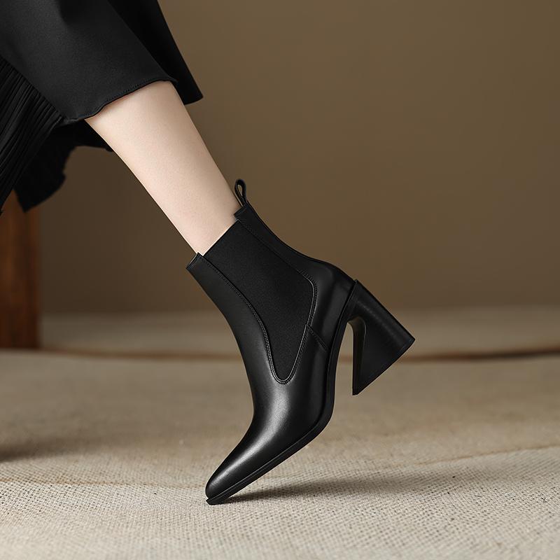 Basic Damen Echtleder Stiefeletten Herbst Winter Strange High Heels Schuhe Frau Reif Spitzschuh Bürodame 2024 Stiefel