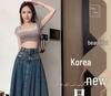 2023 Summer Retro Pleated Denim Midi Skirt: Women's High Waist A-line Design