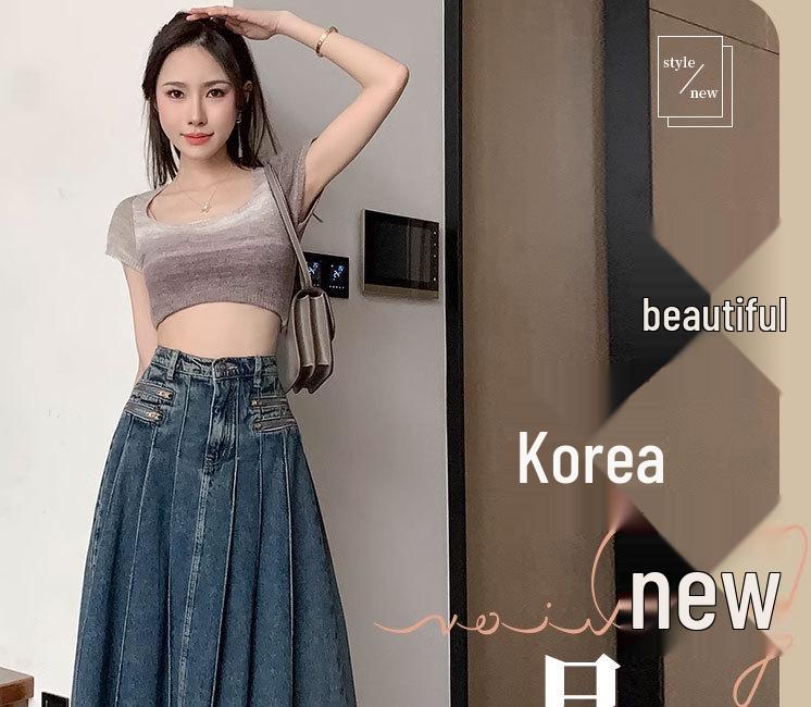 2023 Summer Retro Pleated Denim Midi Skirt: Women's High Waist A-line Design
