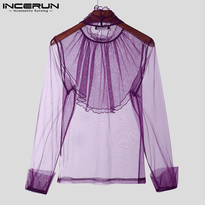 INCERUN Men Turtleneck Ruffled Layers Long Sleeve See Through Party Mesh Sheer Tops