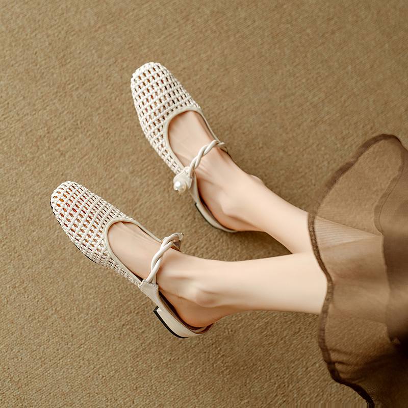 Krazing Pot Microfiber Mules Weaving Summer Size 41 Low Heels Pearl-studded Party Shoes Women Square Toe Gladiator Hollow Out Pumps
