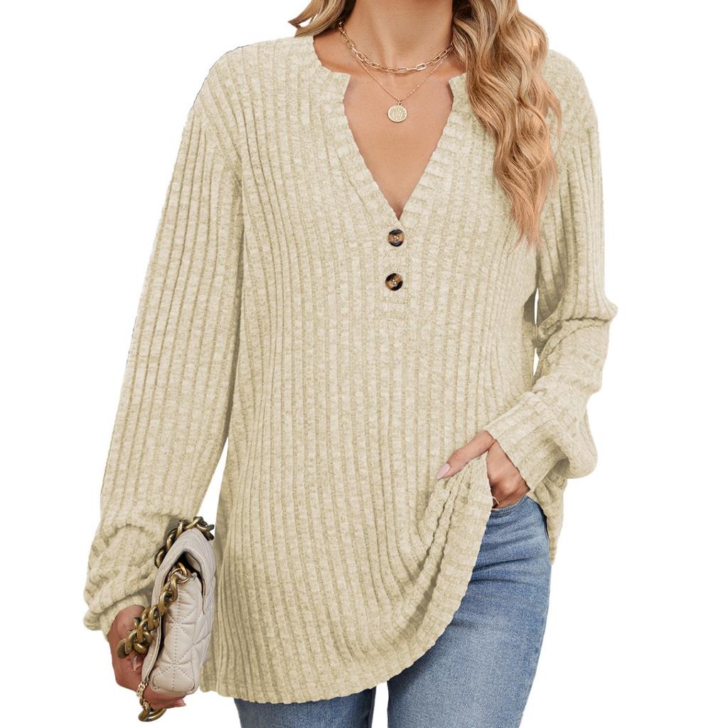 Fall Winter New Women's Solid Color Ribbed Brushed Button Loose Long Sleeve T-shirt Amazon Cross-border European American Style