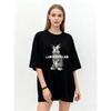 Oversized T-Shirt Black Rabbit Print With Lab Media Lab Text Casual Streetwear For Women