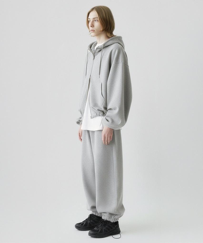 Prinoar [Set] String Overfit Two-Way Zip-Up Hoodie + One-Pleat String Pants - Melange