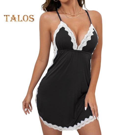 

Летняя женская ночная рубашка с перекрестными бретелями сзади, глубокий V-образный вырез, без рукавов, кружевная отделка, разрез по низу, контрастный цвет, ночная рубашка для спальни, медового месяца, брачной ночи 3XL чёрный