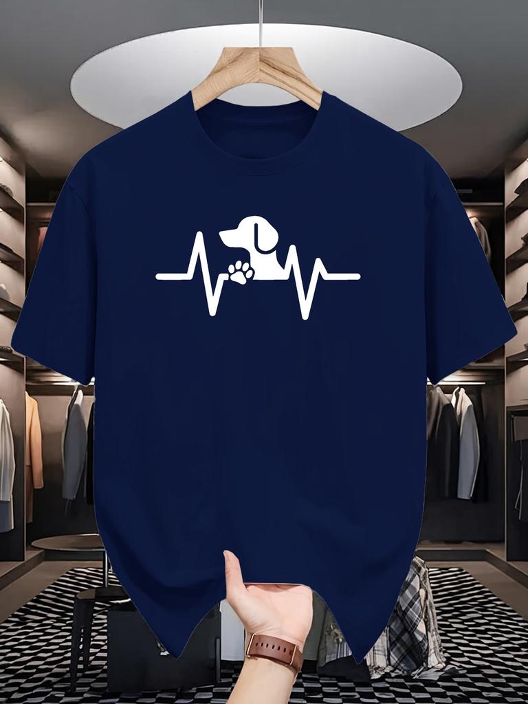 Unisex Crew Neck Tee Cute Dog Heartbeat Paw Minimal Line Print Soft Cotton Loose Short Sleeve Summer Casual Male Streetwear Tops