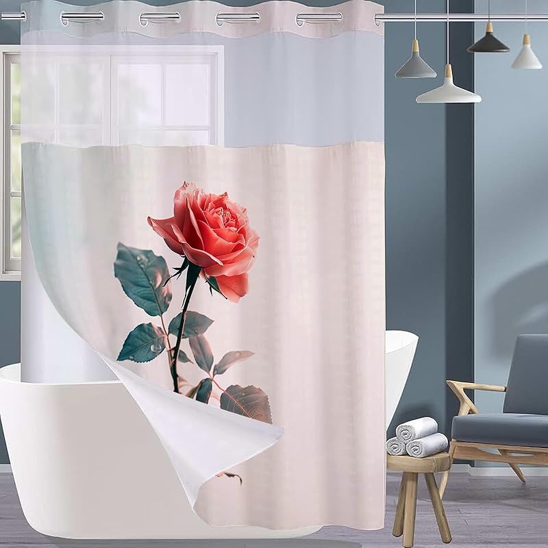 No Hook Wisteria Flower Shower Curtain Waterproof Shower Curtain and Mesh Lining Set Fresh Style with Mesh Top Window Design 71X74 in ярко-розовый