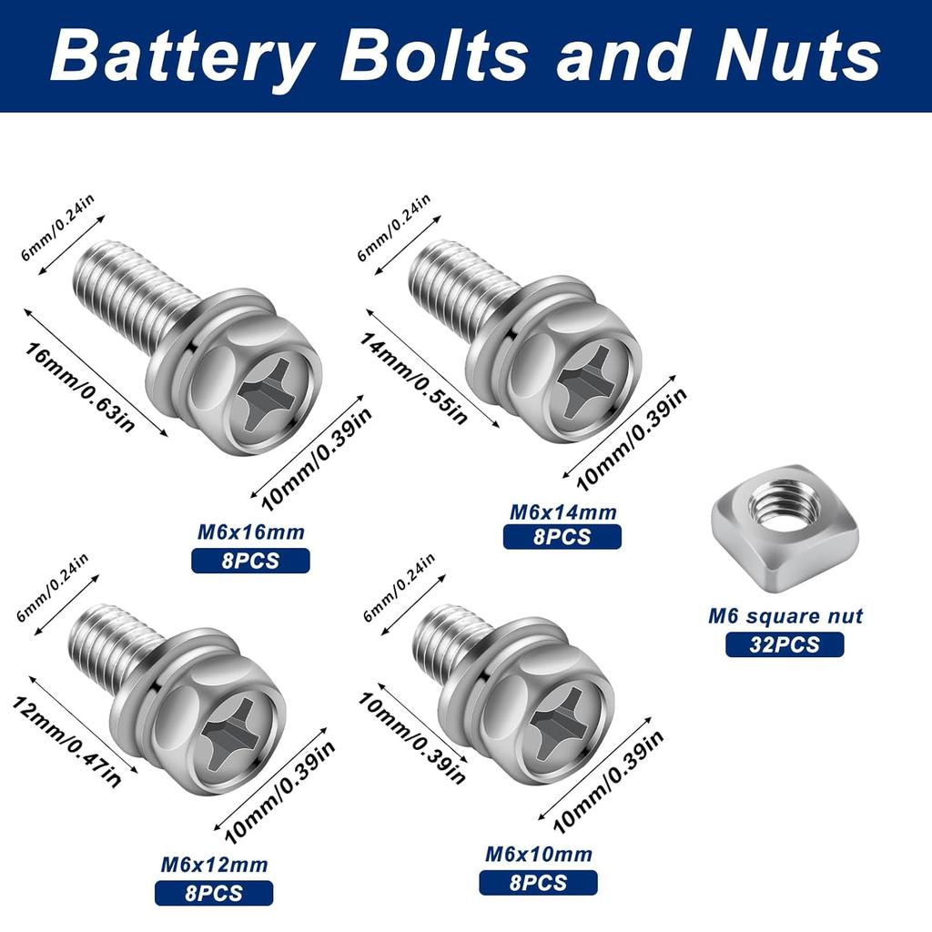 64 Pcs Battery Bolt Square Nut Kit Battery Bolts And Nuts, M6 304 Stainless Steel Motorcycle Battery Terminal Nuts And Bolt Kit,M6X10/12/14/16Mm