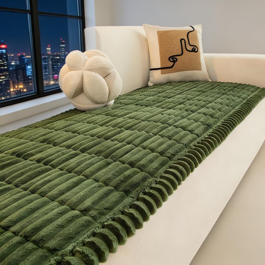 Sofa Cushion Nordic Minimalist Four Seasons Plush Sofa Towel Solid Color Stripes Thick Flannel Anti Slip Non Stick
