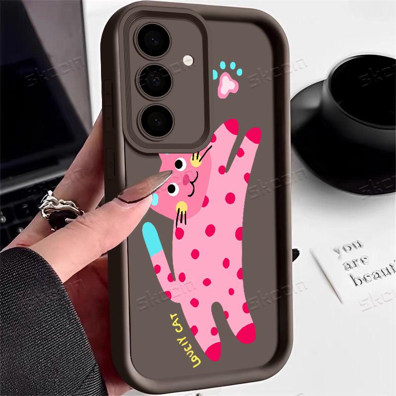 Kawaii Pink Cat Pattern Phone Case For Samsung Galaxy S25 S24 S23 S22 S21 Ultra Plus S20 FE A54 A55 A15 A35 Silicone Soft Cover