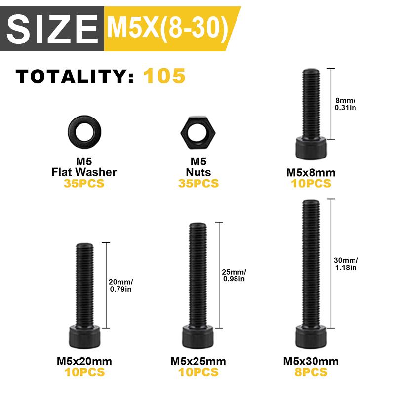 105PCS carbon steel cup head hex bolt, nut, washer complete set