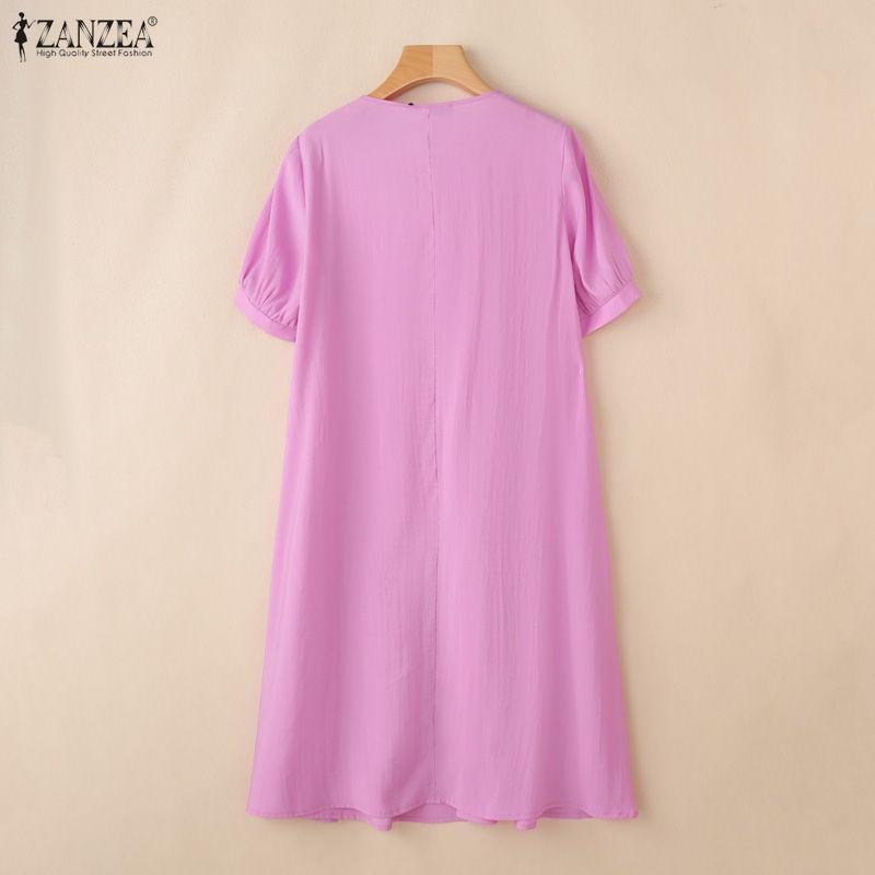ZANZEA Women Casual Round Neck Solid Color Short Sleeve Long Dress