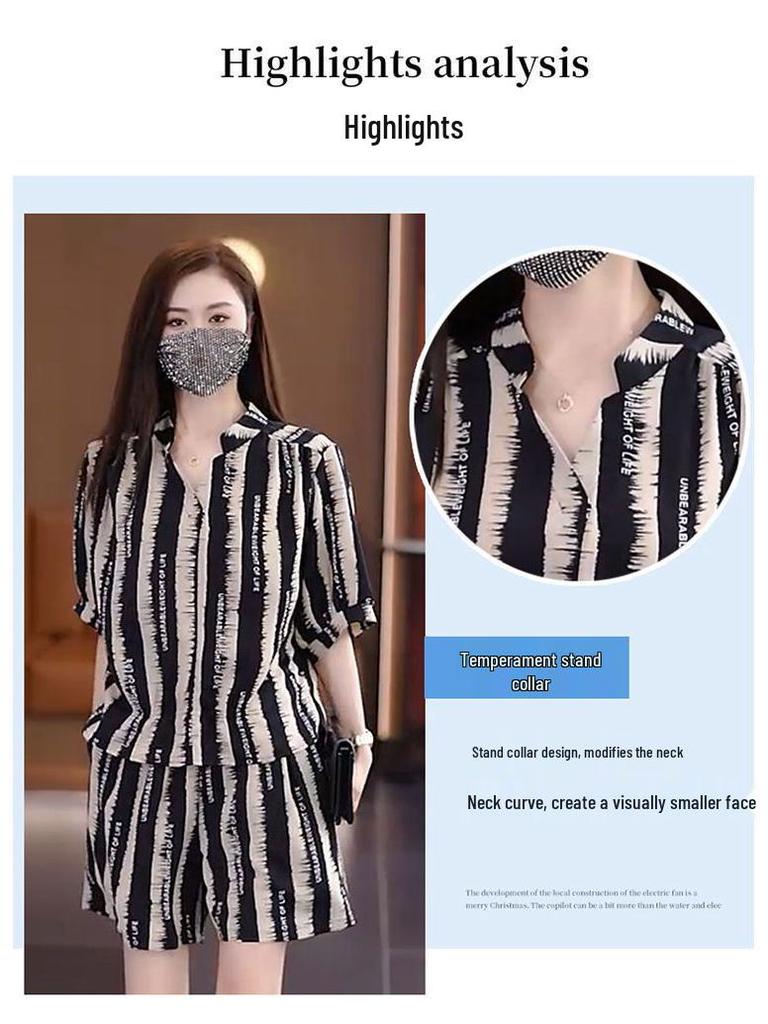 Plus Size Chic Striped Women's Two-Piece Set: Summer Shirt & Shorts, Flattering, Loose Fit, Age-Reducing.
