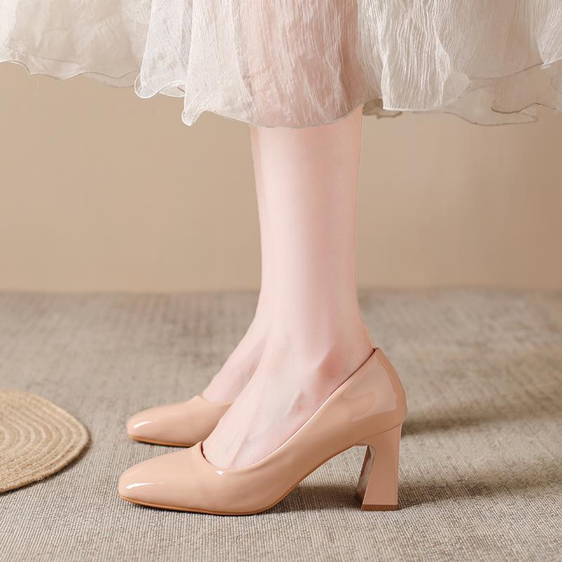 Metal Buckle Square Toe Patent Leather High Heels Autumn New Slip-on Non-Slip Wear-Resistant Block Heel Single