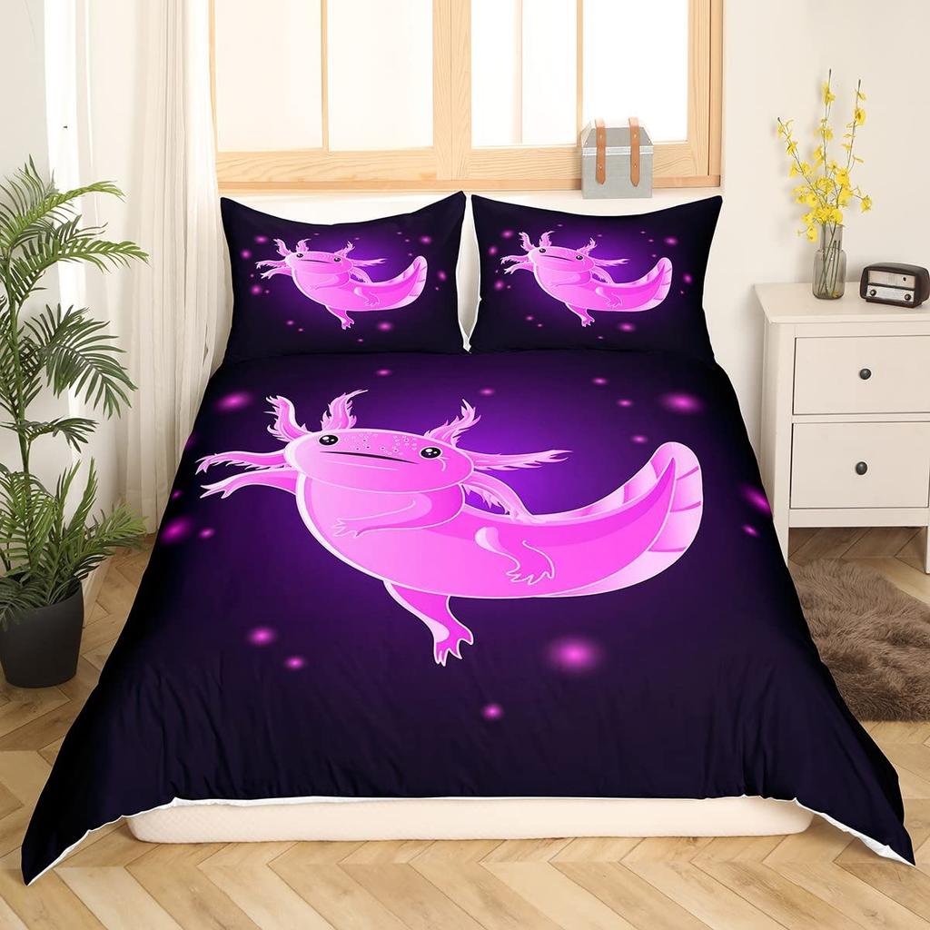 Cute Axolotl Duvet Cover Set Full Size Cartoon Salamander Bedding Set Kawaii Animals Comforter Cover Constellation Black Decor